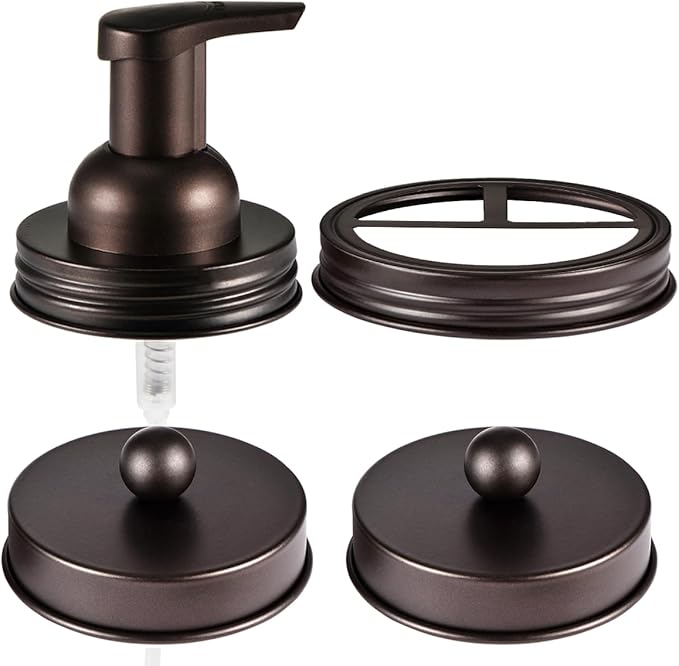 Mason Jar Bathroom Accessories Set(4pcs)-Jars Not Included - Foaming Soap Dispenser and Apothecary Jars Lids for Regular Mouth jar, Wide Mouth Toothbrush Holder lid, Farmhouse Decor-Bronze