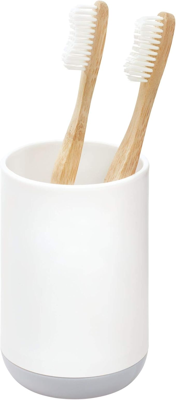 iDesign Toothbrush Holder for Normal Toothbrushes, Spin Brushes, and Toothpaste, The Cade Collection - 3" x 3" x 4. 5", White/Gray