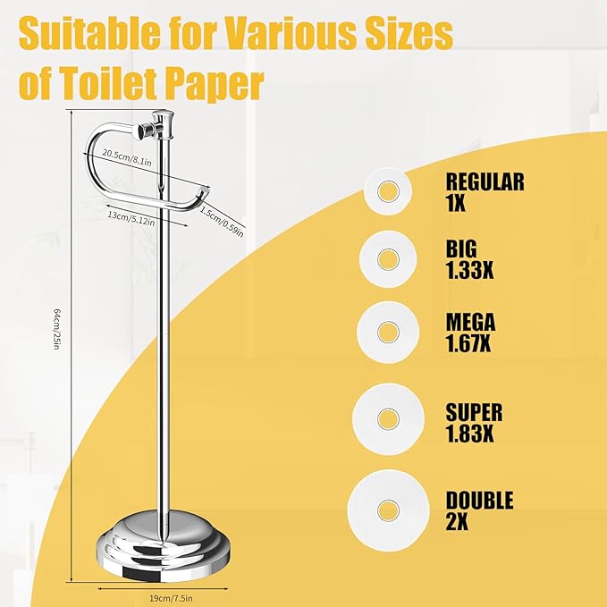 BESy Toilet Paper Holder Free Standing Bathroom Toilet Tissue Holder Stand for Floor Toilet Paper Roll Holder with Storage Hardware Accessories Rack Hand Towel Bar Polished Chrome Stainless Steel