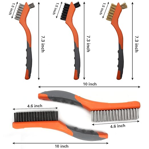 Wire Brush Set 5PCS, Nylon/Brass/Stainless Steel/Carbon Steel Bristles Wire Scratch Brush with Curved Rubber Handle for Cleaning Rust, Corrosion, Dirt, Paint Scrubbing, Deep Detailing Cleaning, Orange