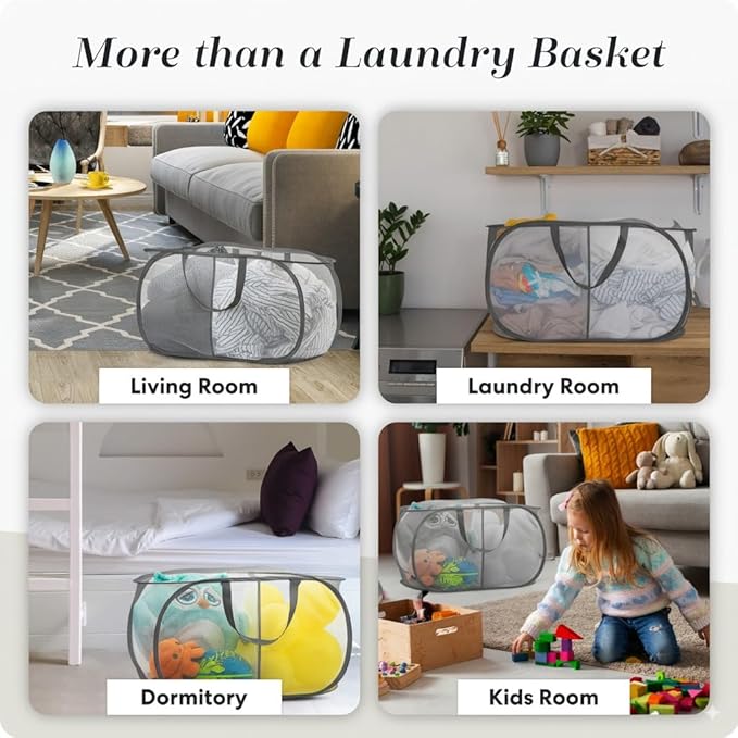 Foldable Laundry Basket - Popup and Collapsible, Durable Mesh Material, Folds for Storage, Easy Carry Handles - Great Hamper for College Dorm, Laundry Room or Travel (Grey, 2-Compartments)