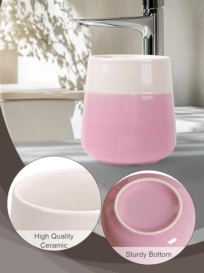 INGOFIN Ceramic Toothbrush Holder Cup, 12 oz Toothpaste Holder for Bathroom Vanity and Countertop, Organizer for Cosmetic, Makeup, Office Pencils, for Hotel Apartment, Beige and Pink