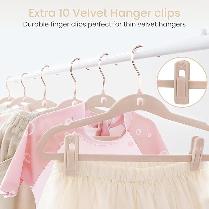 Kids Velvet Hanger 50 Pack, 11 Inch Baby Hangers with 10 Clips, Premium Non-Slip Newborn & Toddler Clothes Hangers with 360° Rose Gold Swivel Hook & Space-Saving Stackable Design, Pink