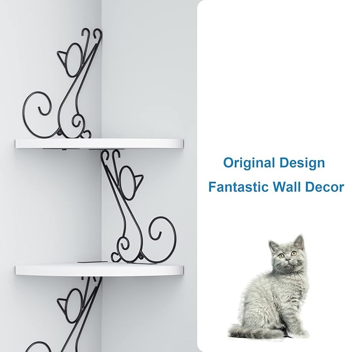 Alsonerbay Floating Corner Wood Shelves, 4 Tier Wall Mounted Rustic Storage Shelf, Cat Shaped Shelving for Wall, Solid Wooden Decor for Living Room, Bedroom, Kitchen, Bathroom, Office White