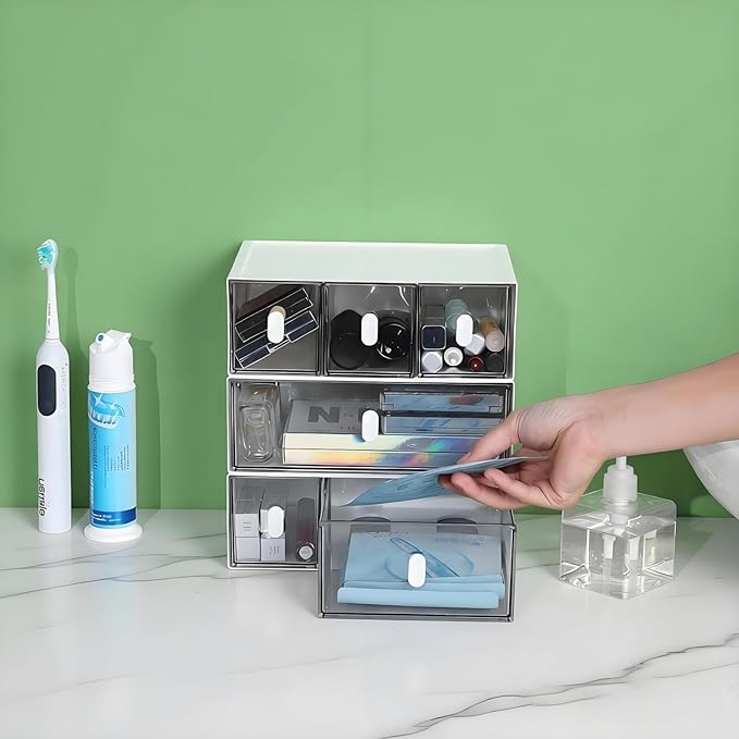 Desktop Storage Drawers, Plastic Desk Organizer with 2 Drawers, Modular Stackable Toolbox Units for Office Stationary, Makeup Container, Bathroom Countertop (Tall Layer, White & Clear)