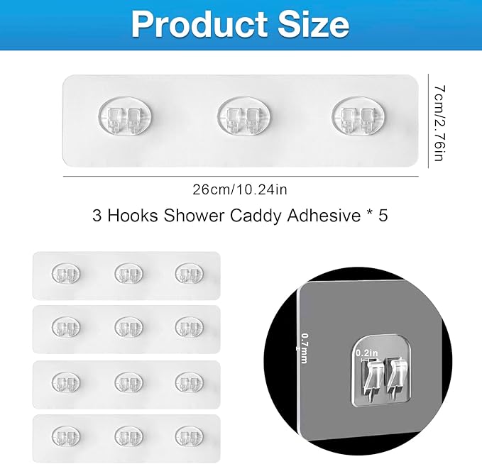 Upgraded Shower Caddy Adhesive Replacement,Strong Adhesive Hooks for Shower Caddy, Waterproof Shower Shelf Adhesive, Shower Adhesive Strips for Shower Organizer and Kitchen Racks (5 Pcs(Triple Hooks))