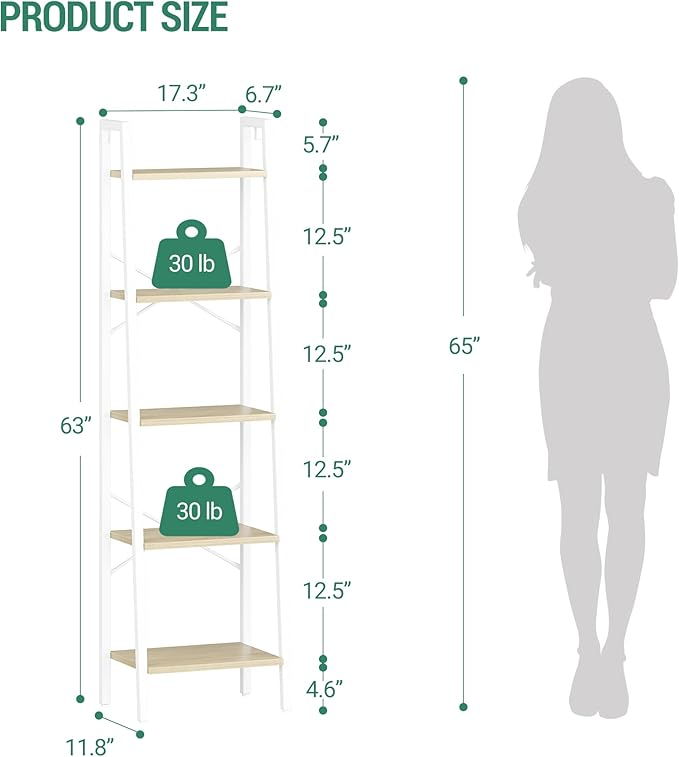 Ladder Shelf, Bookshelf Bookcase, Freestanding Corner Storage Shelve with 2 Hooks for Home Office, Living Room, Kitchen, Bedroom, Industrial, 11.8" D x 17.3" W x 63" H, White Oak and White