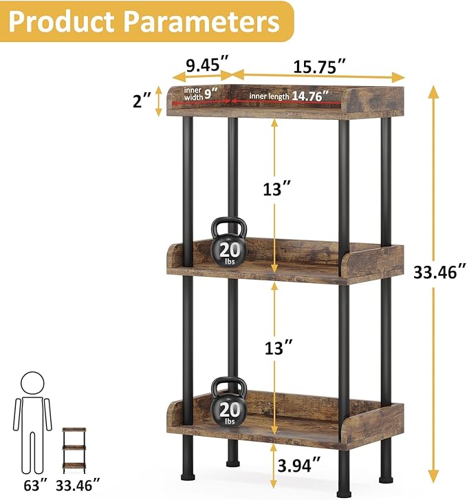 Hosfais Bookshelf Small Book Shelf, 3 Tier Wood Bookcase Industrial Bookshelf Metal Standing Book Shelves Display Book Rack for Living Room Bedroom Home Office (Rustic Brown)