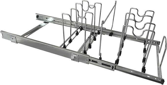 Pots and Pans Pull Out Organizer Under Cabinet, Adjustable Slide Out Pan and Pot Lid Rack Holder, Wire Dividers Kitchen Organization And Storage, Full-Extension Rail 12" W X 20" D