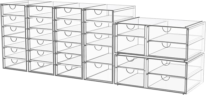 Acrylic Makeup Organizer with 31 Drawers, 6 Pack Clear Storage Drawers, Bathroom Makeup Organizer for Palettes, Cosmetic, and Beauty Supplies,Ideal for Vanity, Cabinet,Desk Organization