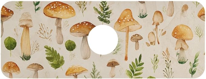 Kitchen Sink Splash Guard 1 PC 14.7 Inch Sink Faucet Mat Splash Guard for Bathroom Countertop Water Absorbent Foldable Cuttable Soft Washable Watercolor Mushrooms Beige