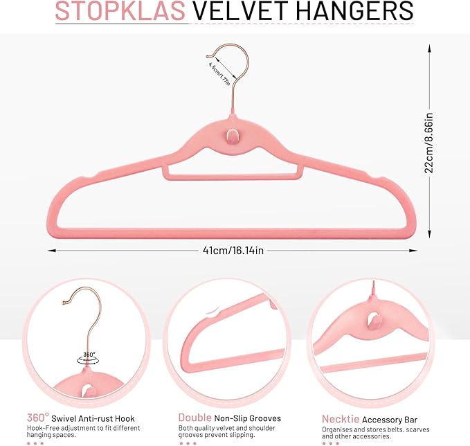 Velvet Stackable Hangers 30 Pack, STOPKLAS Pink Clothes Hangers Non Slip Felt Hangers with 360° Swivel Hook, Thin Hanger Space Saving, Heavy Duty Closet Hanger for Clothes, Coats, Suits, Dress, Pants