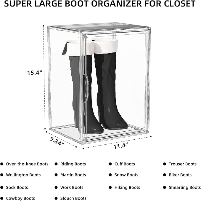 Clear Acrylic Display Case for Boot Storage Organizer Tall Boots Boxes Clear Plastic Stackable Shoe Organizer Box, For Sneakers, Heels, Figures, Handbag, Purse, XXX-L, 1 Pack