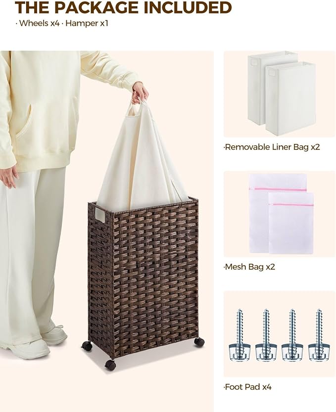Greenstell Laundry Hamper with Wheels, 11.9 Gallon (45L) Small Clothes Hamper with 2 Removable Liner Bags & 2 Mesh Bags, Slim Rattan Laundry Basket for Bathroom, Bedroom, Brown