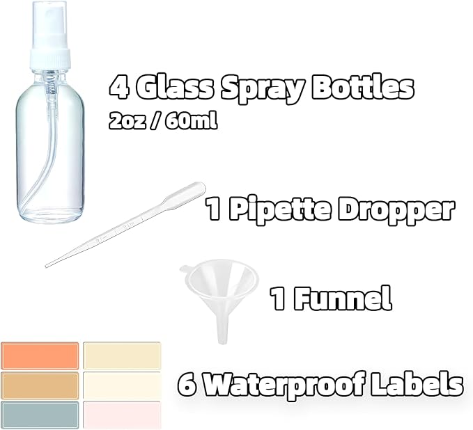 4 Pack 2oz Clear Glass Spray Bottles, Fine Mist Refillable Atomizer for Essential Oils, Perfume, Hair, Face & Travel | Leak-Proof Mini Empty Spritzer Bottles with Labels, Funnel & Pipette (60ml)