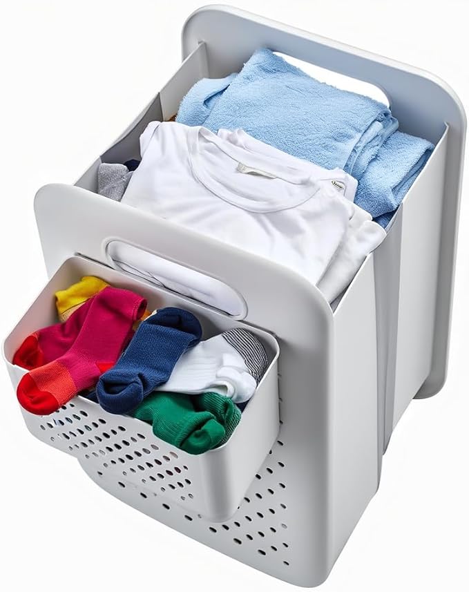 Large Collapsible Laundry Basket with Detachable Hanging Organizer, Space-Saving Wall-Mounted Hamper for Home, Dorms, RVs, Main Basket Measures 13" x 9.5" x 17.5" In