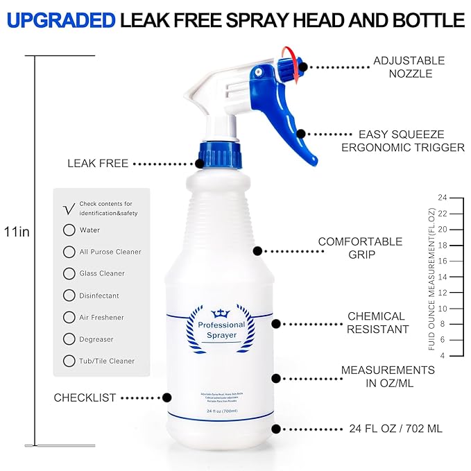 Bealee Plastic Spray Bottles 4 Pack, 24 Oz, All-Purpose Sprayer for Cleaning Solutions, Heavy Duty Spraying Leak Proof Mist Empty Water Bottle for Planting, BBQ, Pet with Adjustable Nozzle, Blue