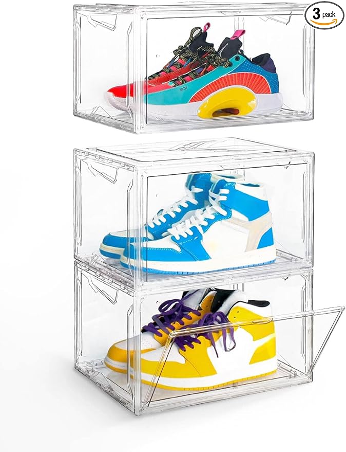 KDOR Clear Plastic Shoe box Organizer, 3 Pack Stackable Sneaker Boxes, Transparent Display Case with Magnetic lid, Tidy Home & Office Closet Storage