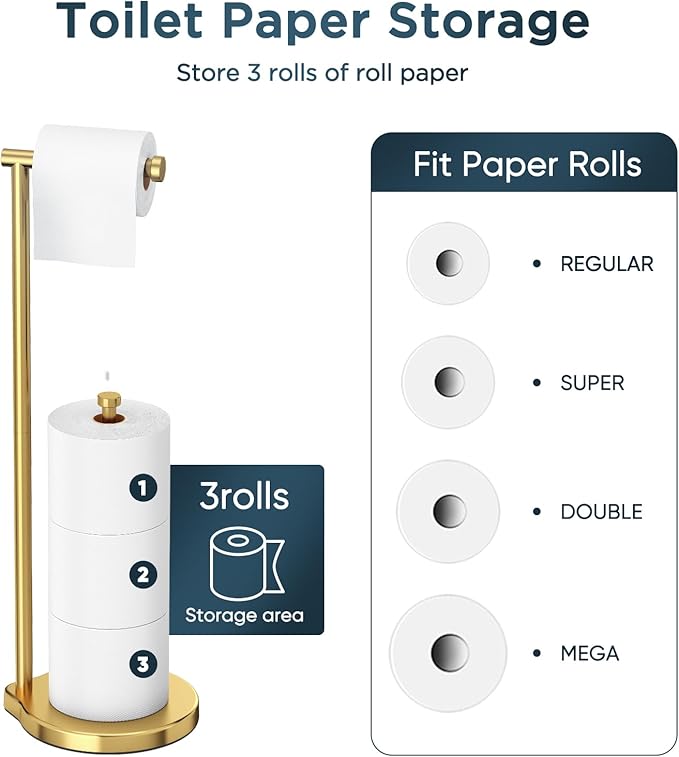 theaoo Heavy-Duty Toilet Paper Holder Stand – Modern Freestanding Bathroom Toilet Tissue Paper Roll Holder with Reserve & Storage, Stainless Steel (Brushed Gold, Free Standing)