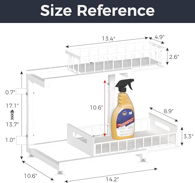 Under Sink Organizer, 2-Tier Premium Metal Pull-Out Racks with Adjustable Height, Heavy Duty Sliding Bin for Bathroom and Kitchen Cabinet Storage, Rust Resistant 2 Pack