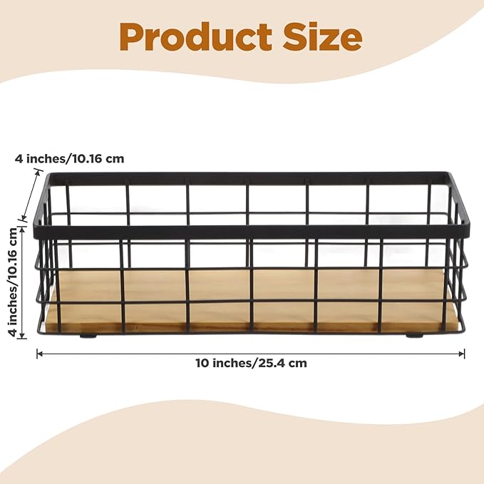 Set of 2 Small Wire Baskets, Narrow Black Metal Storage Bins for Bathroom Counter & Kitchen, Farmhouse Rustic Organizer Trays for Pantry, Office, RV, Countertop Decoration