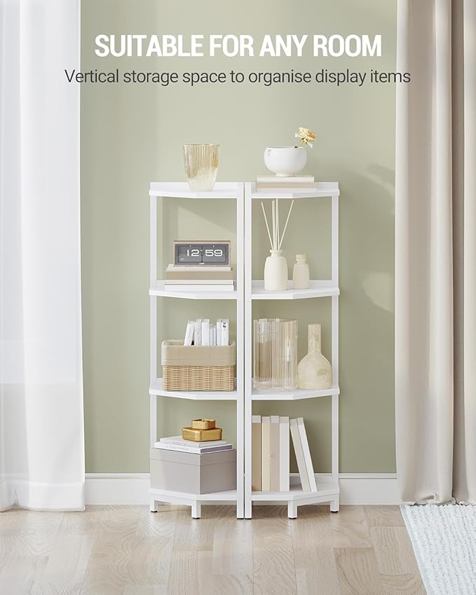 Corner Shelf Stand, Corner Bookshelf, Storage Standing Shelf Unit with Metal Frame, Plant Stand, Bookcase for Living Room, Home Office, Bedroom, 4-Tier White CS05813W