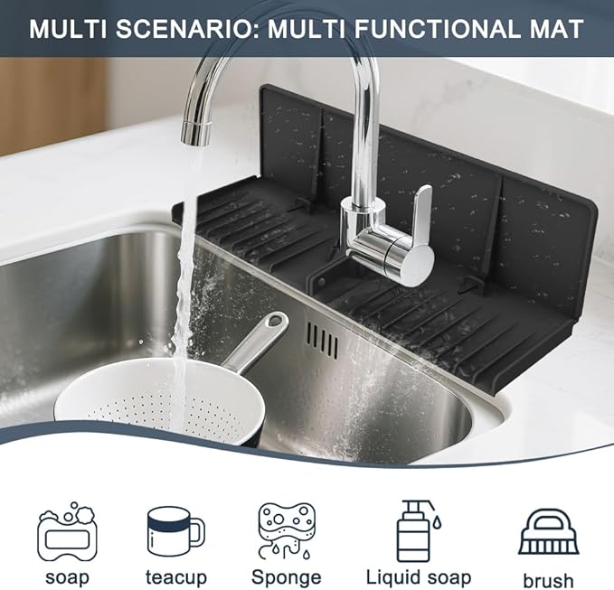 Silicone Faucet Drip Catcher Tray Mat - Upgraded Design - Sink Backsplash Guard Behind Faucet, Silicone Faucet Mat for Dish Soap Sponge Holder, Kitchen Counter Bathroom Kitchen Sink Splash Guard-Black