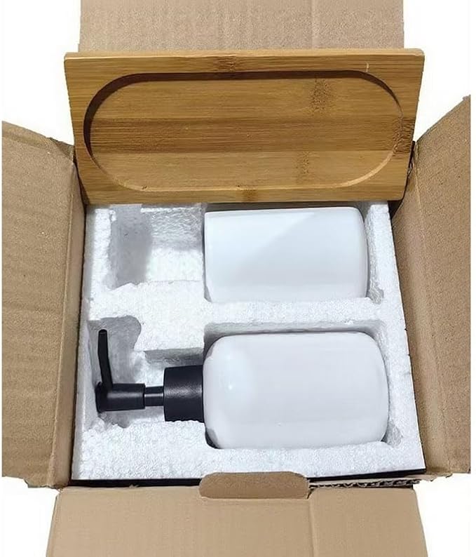 White Ceramic Soap Dispenser and Toothbrush Holder,3-Piece Bathroom Accessories Set Modern Cylinder Countertop Bath Set,Liquid Hand Soap Dispenser,Tumbler Cup,Wooden Vanity Tray