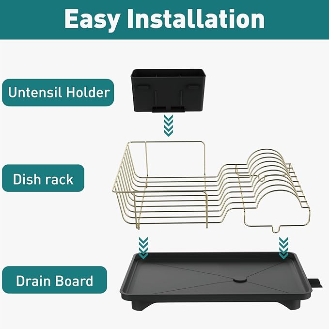 Buruis Dish Drying Rack for Kitchen Countertop, Large Capacity Gold Stainless Steel Dish Drainer with Anti-Slip Rubber Feet, Removable Drain Board and Utensil Holder (Black Tray)