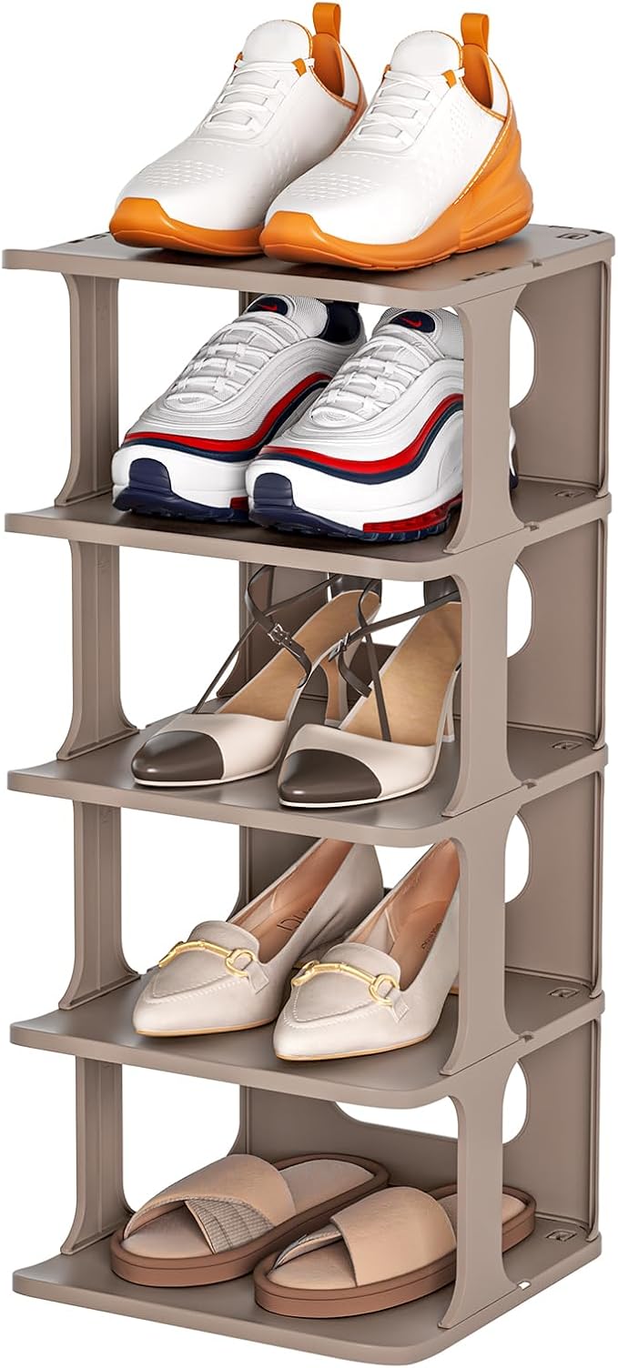 HAIXIN Small Shoe Rack for Closet, 5-Tier Stackable Shoe Organizer for Front Door Entrance, Plastic Vertical Shoe Cubby - Khaki