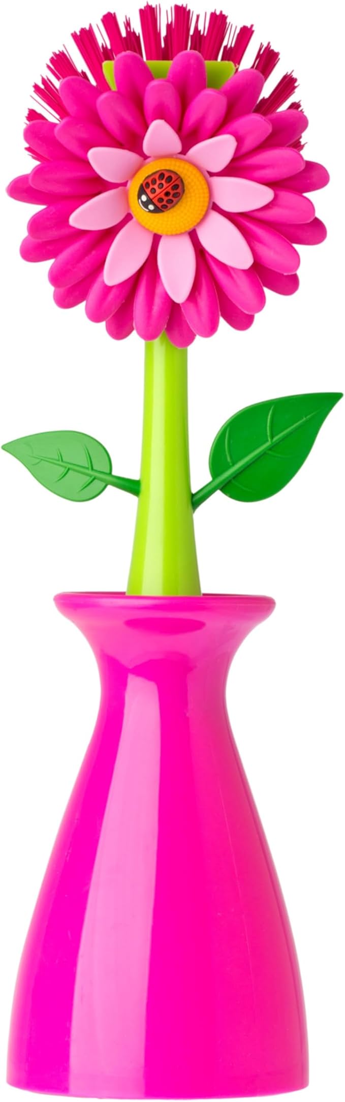 Vigar Flower Power Dish Brush with Handle and Vase Dish Brush Holder, Kitchen Scrub Brush for Pot Scrubber, Dishes, and Sink Cleaning, Pink, Green