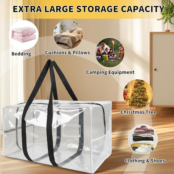 Heavy Duty Extra Large Moving Bags,121 Gallon Jumbo Packing Bags,Huge Moving Storage Bags with Strong Zippers & Carrying Handles,Reusable Big Moving Storage Bags for College Dorm Travel 2Pack,Clear