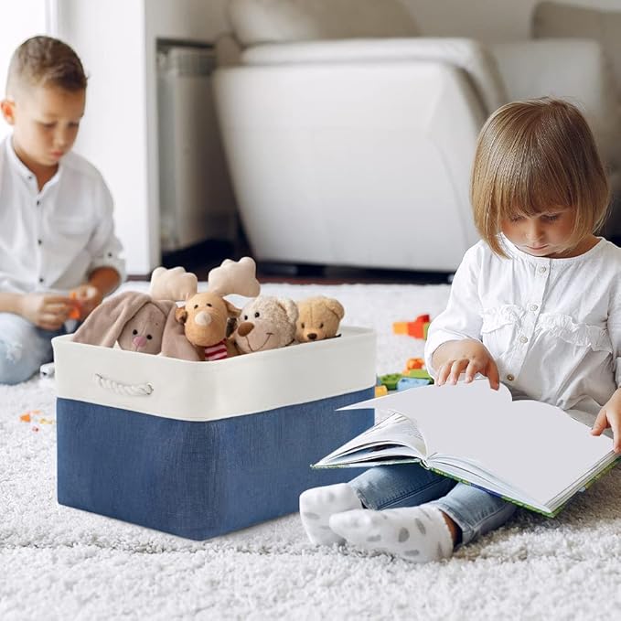 Sacyic Organization and Storage Bins for Shelves - 2 Pack 17X15X12 inch Canvas Storage Cubes Collapsible Baskets for Organizing with Handles, Storage Box for Cloth Decorative (White & Blue)