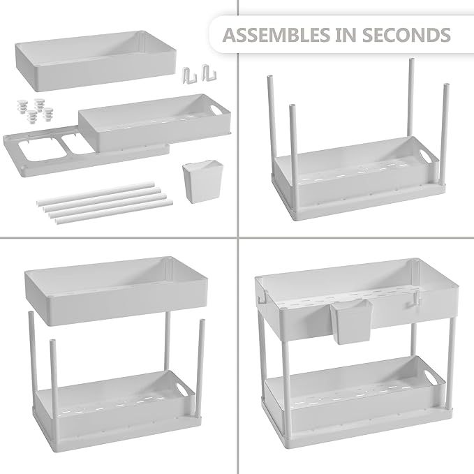 Under Sink Organizers and Storage | Bathroom Cabinet Organizer, Sink Shelf with Utility Hooks and Side Caddy for Under Cabinet Storage | White (1-Pack) Under Kitchen Sink Organizer with Sliding Drawer