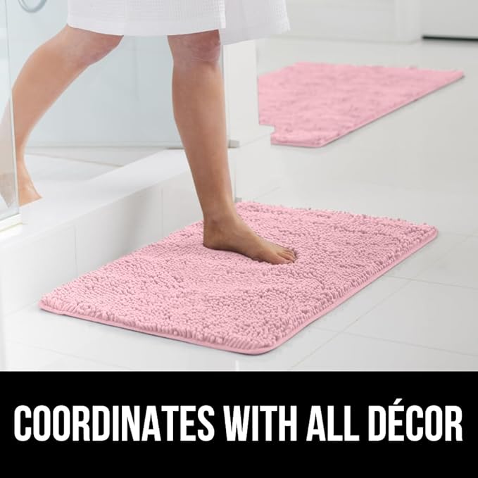 GORILLA GRIP Bath Rug Mat 60x24, Soft Absorbent Chenille, Quick Dry Microfiber Mats, Rubber Backing Washable Shower Floor Rugs, Bathmat Runner, US Designed Bathroom Home Decor Accessories Light Pink