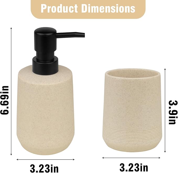 Bathroom Accessories Set, 2Pack Soap Dispenser & Toothbrush Holder in Warm Beige, Handcrafted Resin Texture, Minimal Boho Decor for Vanity & Bathroom Cabinet