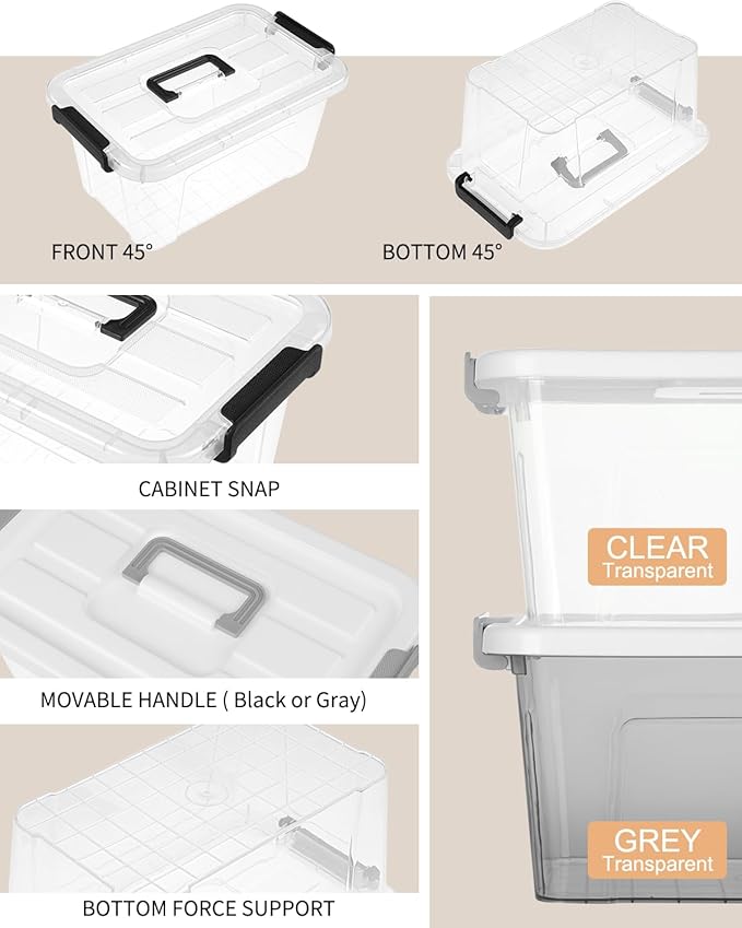 6 Pack Plastic Storage Bins with Lids 7 Quart Stackable Clear Storage Bins with Buckle Lids and Handle easy for Home Office Pantry Organization, Grey