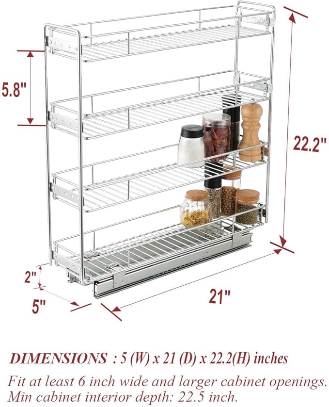 OCG 4-Tier Pull Out Kitchen Cabinet Spice Rack Holder Shelves (5" W x 21" D), Slide Out Slim Storage Wire Baskets for Storage Organization, Narrow Pull Out Storage for Narrow Space
