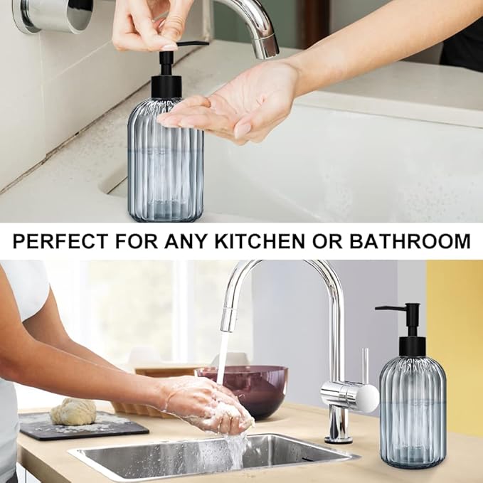 Pack of 2 Glass Soap Dispenser with Black Pump, 400 ml Refillable Pump Dispenser for Kitchen, Bathroom, Laundry Room, Liquid Glass Bottle for Washing Up Liquid, Shampoo, Conditioner (Gray)