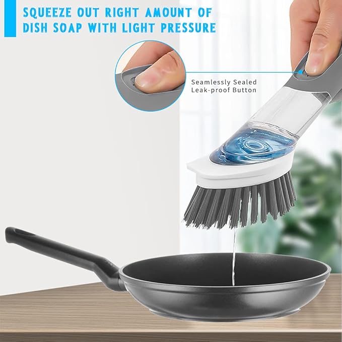 4-in-1 Dish Cleaning Brush Soap Dispensing Dish Brush Set with 4 Replacement Heads and Storage Holder, Kitchen Scrub Brush for Dish Pot Pan Sink Cleaning (Grey)