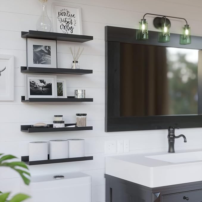 RICHER HOUSE 4 Set Floating Wall Mounted Shelves, Black Shelves for Wall Decor, Modern Picture Ledge Shelf with Lip for Storage, Nursery, Bedroom, Living Room, Bathroom - Black
