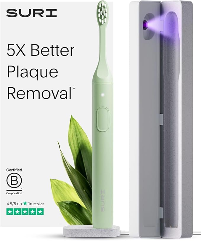 SURI 1.0 Sonic Electric Toothbrush with UV Cleaning Travel Case | 1 Month+ Battery | Designed in California | Electric Toothbrush for Adults | Travel Toothbrushes | Tooth Brush | Green