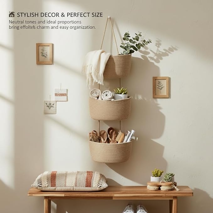 Britwicfr Over the Door Organizer, 3-Tier Hanging Storage Basket with Hooks, Cotton Back of Door Organizer for Living Room, Bedroom, Boho Wall Decor, Toy Storage, Jute