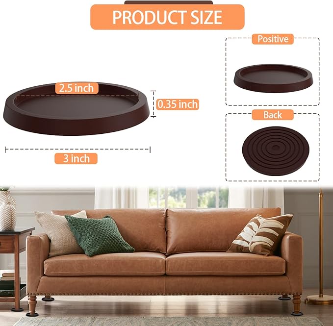 Furniture Coasters, 4PCS 2.5inch Non-Slip Bed Leg Pads,Round Rubber Anti Sliding for Hardwood Floors,Brown Furniture Pads