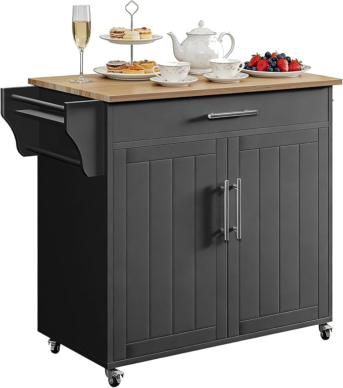 Kitchen Storage Island, Wooden Rolling Kitchen Island On Wheels with Countertop, Mobile Kitchen Island Cart with Towel Rack, Spice Rack and Drawers, Black