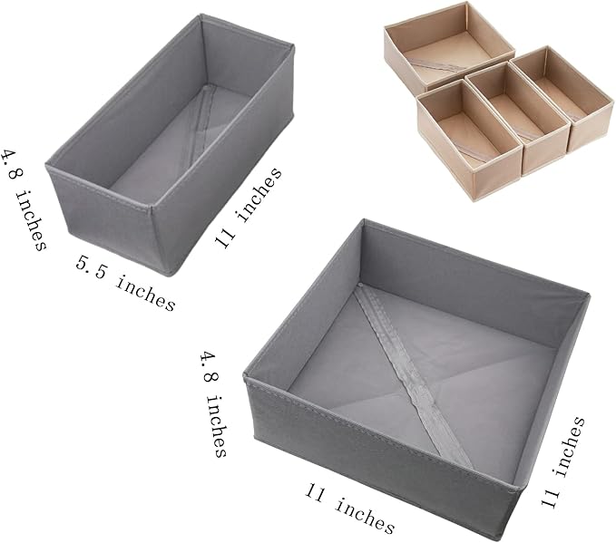 Drawer Organizer Set of 4 Khaki - Fabric Storage Bins for Clothes, Underwear, Socks & Bras - 11" Dresser Dividers for Bedroom Closet
