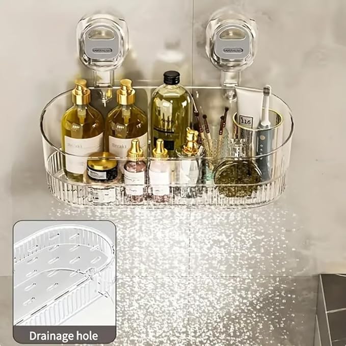 Bzxpk No-Drill Bathroom Suction Storage Box – Large Capacity & Strong Load-Bearing, Suction Cup Shower Shelf with Drain Holes, Wall-Mount Shower Caddy for Bathroom & Kitchen (Transparent)