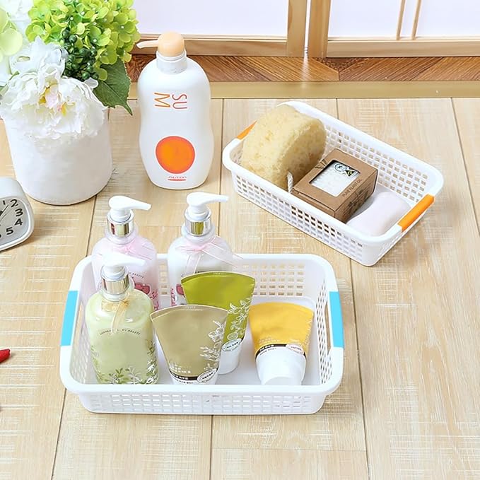 Lawei 8 Pack Large Plastic Storage Basket with Handle - 15 x 10 x 3 Inch Pantry Organizer Basket Bins Desktop Paper Storage Basket for Organization, Countertops, Cabinets, Bedrooms, Bathrooms