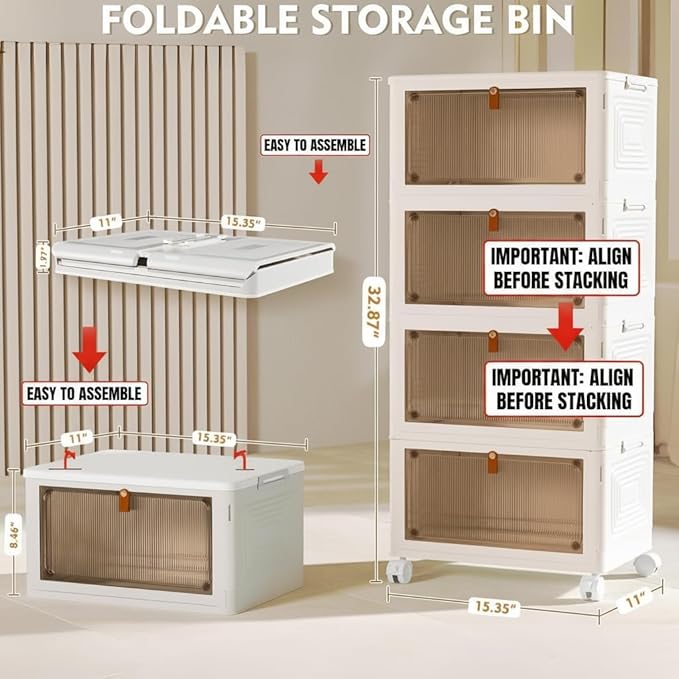 4 Tier Plastic Storage Bins with Lid 23QT, Stackable Storage Containers with Wheels, Folding Storage Boxes, Collapsible Storage Bins, Closet Organizers and Storage for Living Room,Office,Dorm