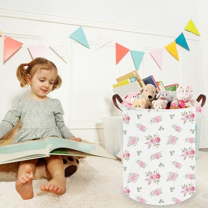 Pink Flower Laundry Basket,Nursery Baskets Girl Baby Storage Bins,Baby Girls Nursery Hamper,Waterproof foldable laundry basket,Gift Baskets,Pink Rose room Decor(Pink Rose)